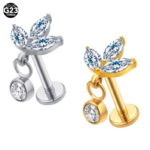 Labret Titânio - 3 folhas + 1 pingente todas zircônias /TLA034