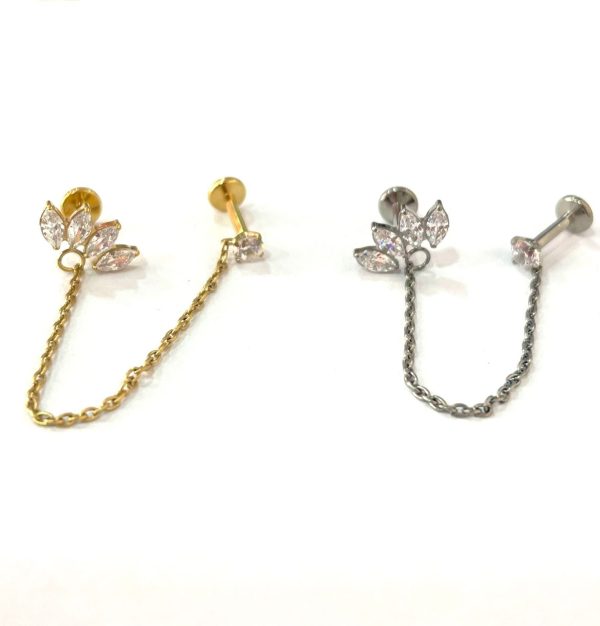 Piercing Labret Titânio 4 Folhas com Corrente e Ponto de Luz/T674 - Imagem 1