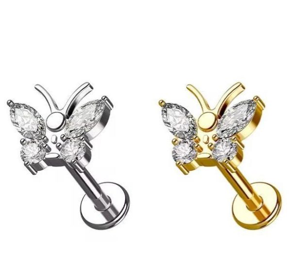 Piercing Labret Titânio Cirúrgico Borboleta Zircônia/T652 - Imagem 1