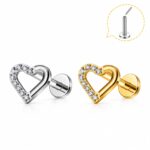 Piercing Labret Titânio Coração Meia Zircônia Push Pin/T998